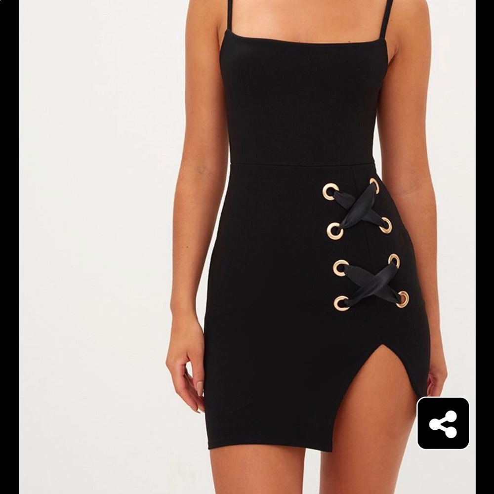 Black Eyelet Satin Lace Up Detail Plunge Mini